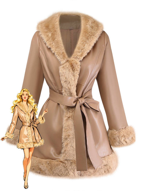 Khaki 1940s PU Leather Faux Fur Collar Belted Coat | Retro Stage