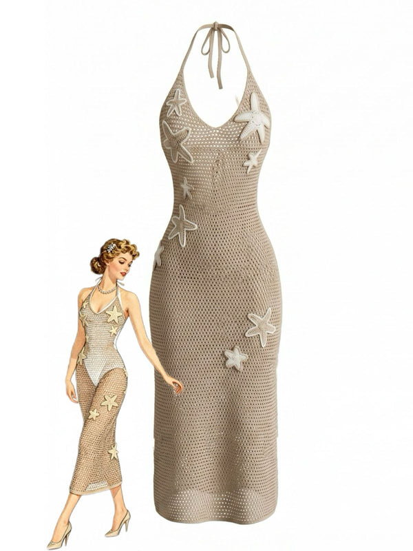 Khaki 1950s Knit Starfish V-Neck Halter Cover Up Dress