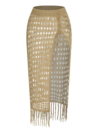 She finds her 1950s story in this Khaki 1950s Knitted Tassel Hollow Cover-Up