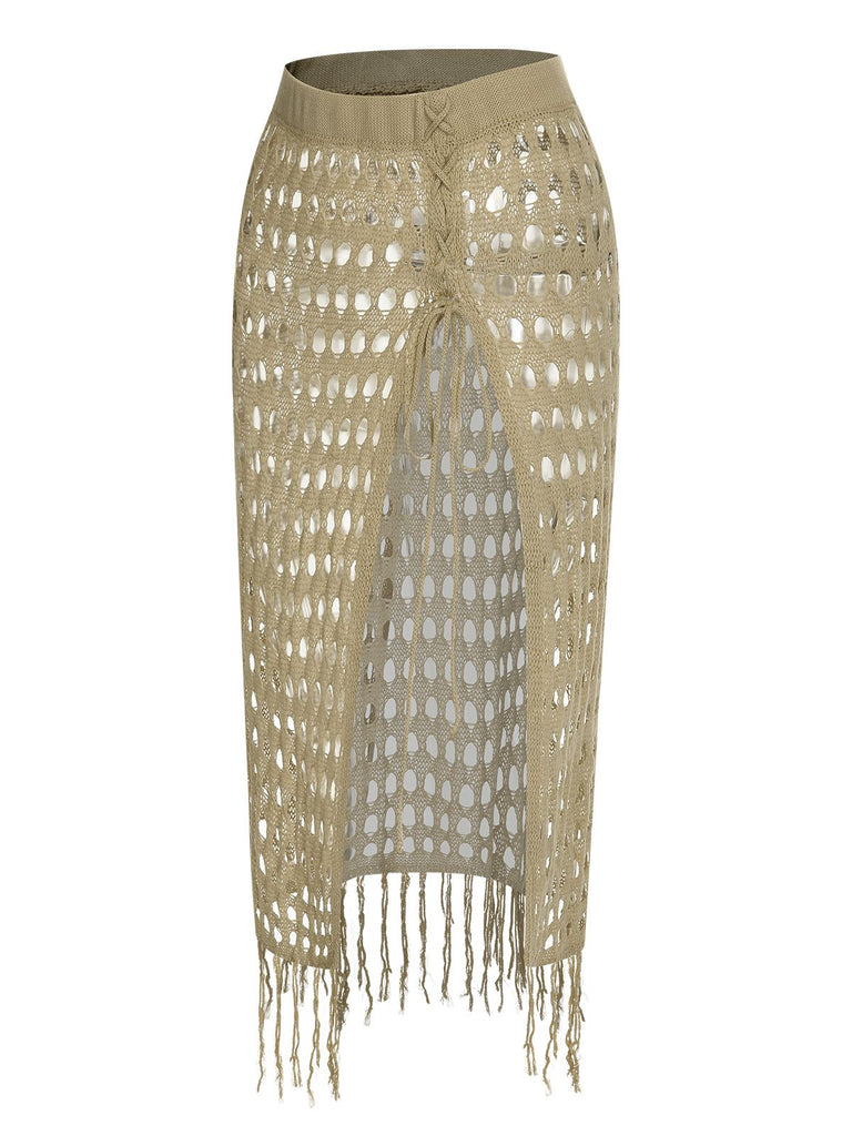 Khaki 1950s Knitted Tassel Hollow Cover-Up, vintage fashion, retro style - perfect for women who love vintage and retro fashion