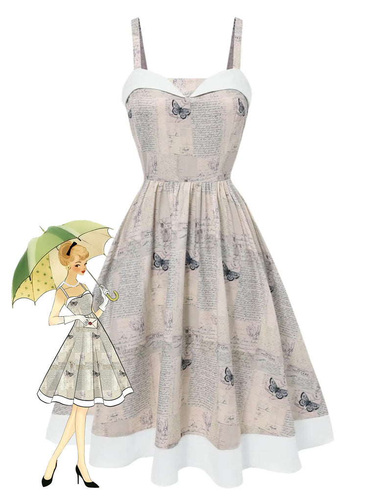 Khaki 1950s Newspaper Butterfly Patchwork Dress - vintage dress, retro fashion, rockabilly