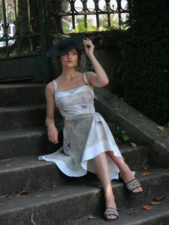 Khaki 1950s Newspaper Butterfly Patchwork Dress - vintage dress, retro fashion, rockabilly