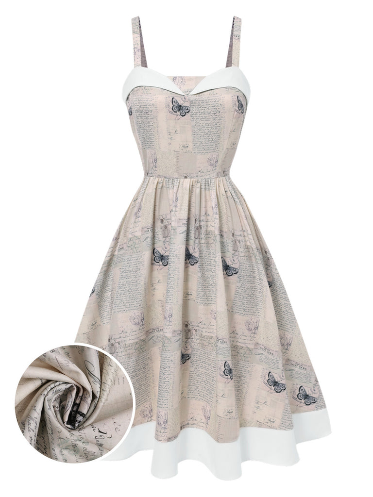 Khaki 1950s Newspaper Butterfly Patchwork Dress - vintage dress, retro fashion, rockabilly