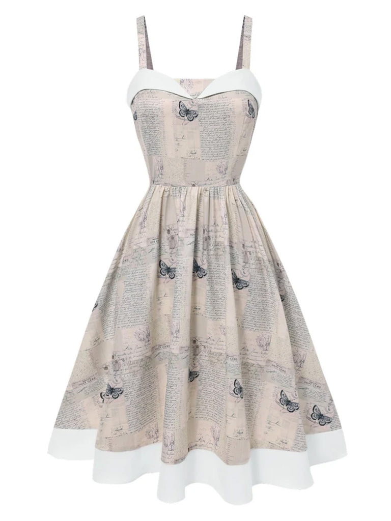 Khaki 1950s Newspaper Butterfly Patchwork Dress - vintage dress, retro fashion, rockabilly
