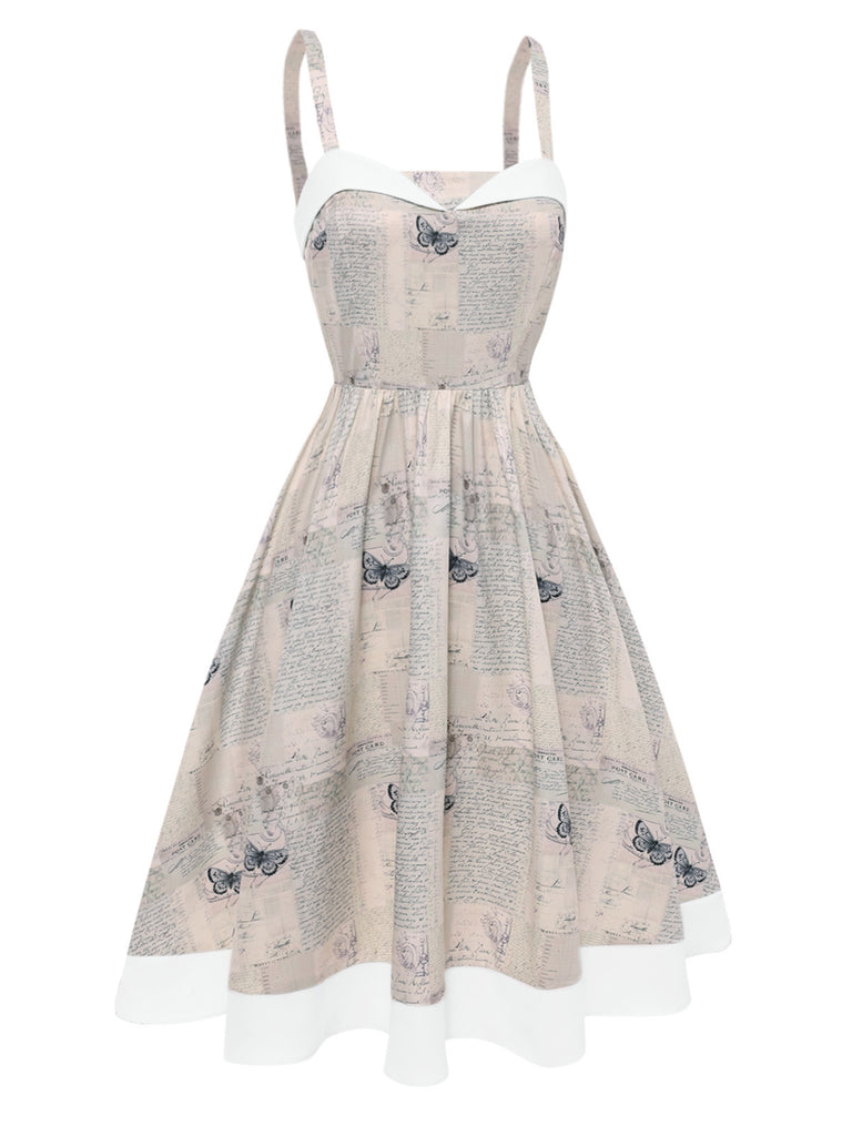 Khaki 1950s Newspaper Butterfly Patchwork Dress - vintage dress, retro fashion, rockabilly