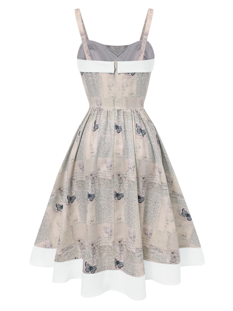 Khaki 1950s Newspaper Butterfly Patchwork Dress Khaki 1950s Newspaper Butterfly Patchwork Dress