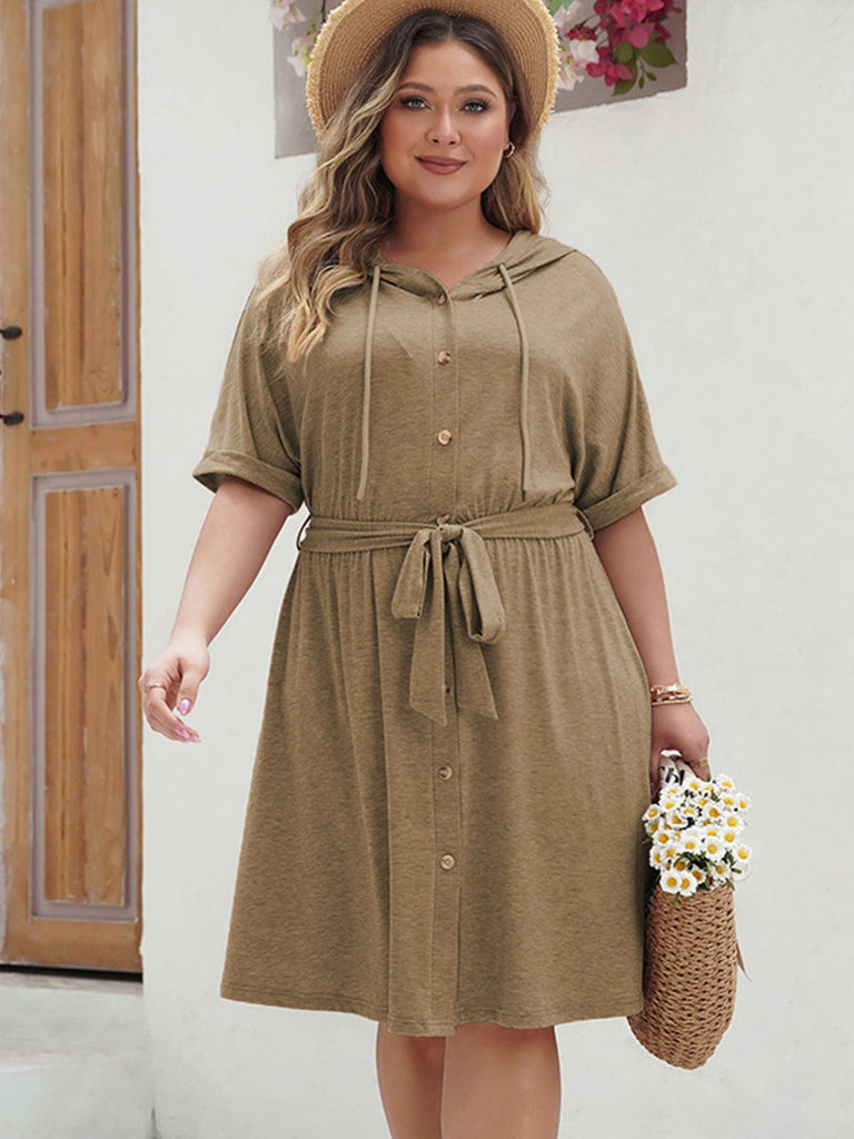[Plus Size] Khaki 1950s Solid Hooded Belt Dress, vintage dress, retro fashion, rockabilly, pin-up fashion - perfect for women who love vintage and retro fashion