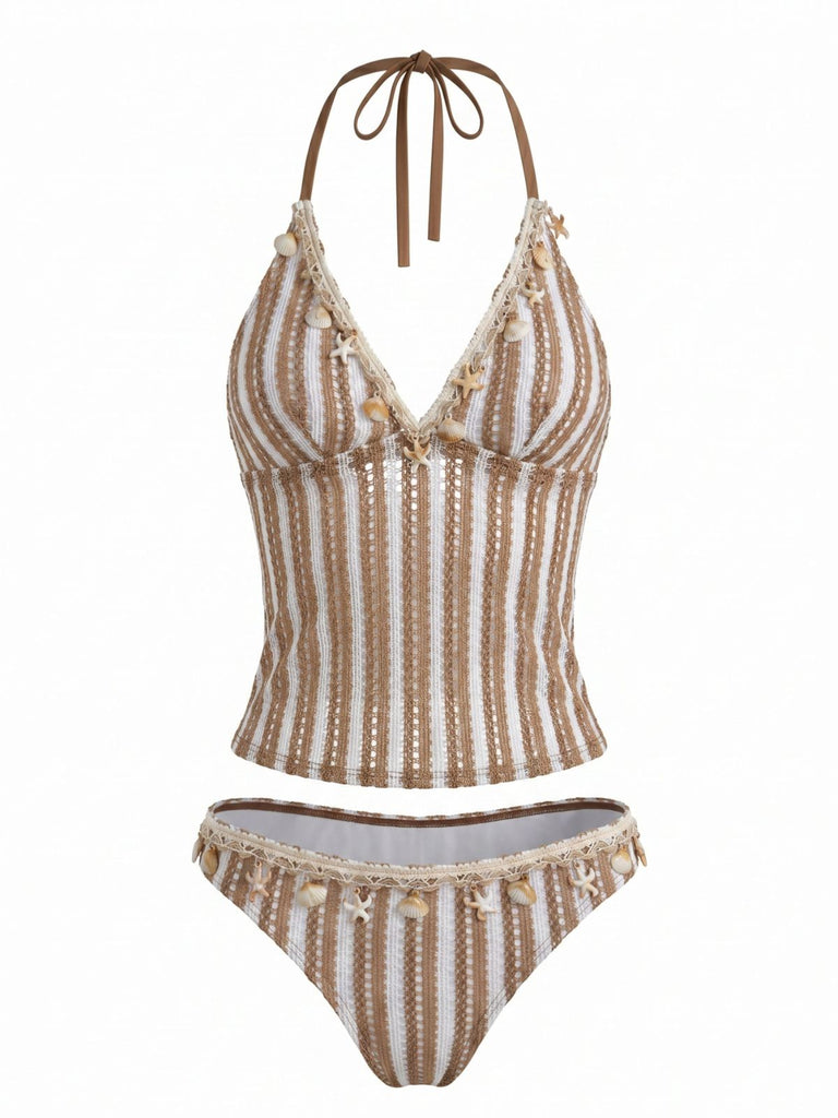 Khaki 1950s Striped Swimsuit