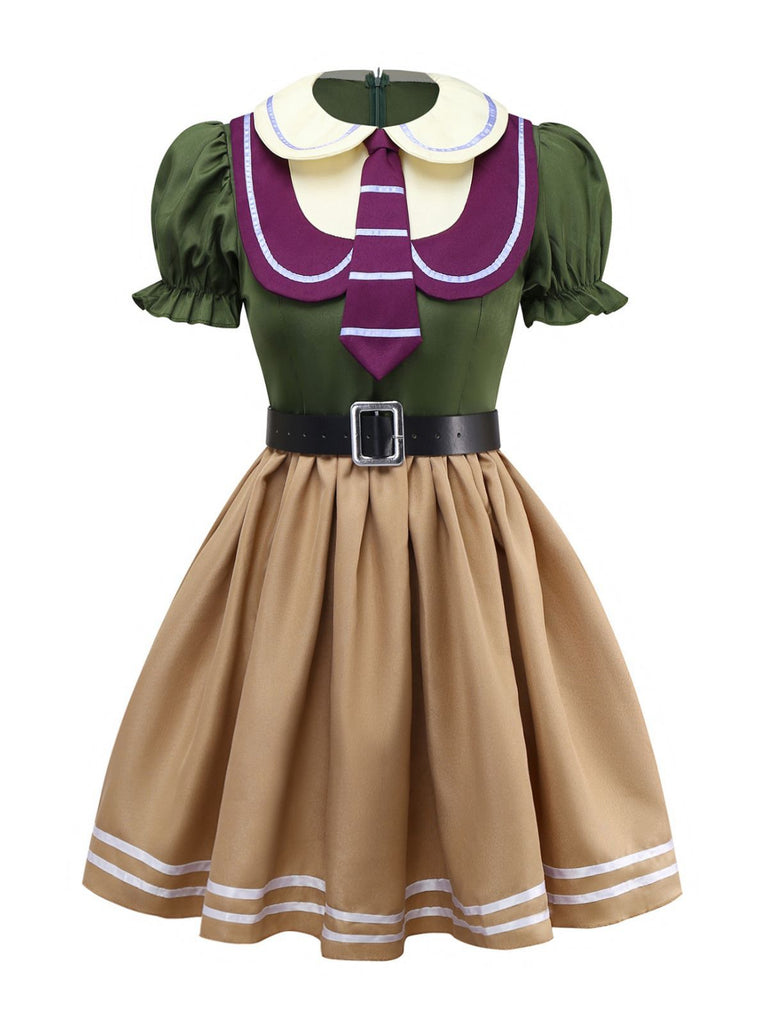 retro two piece dress Womens V-Neck Striped Patchwork Long Sleeve Pleated Mini Dress Black