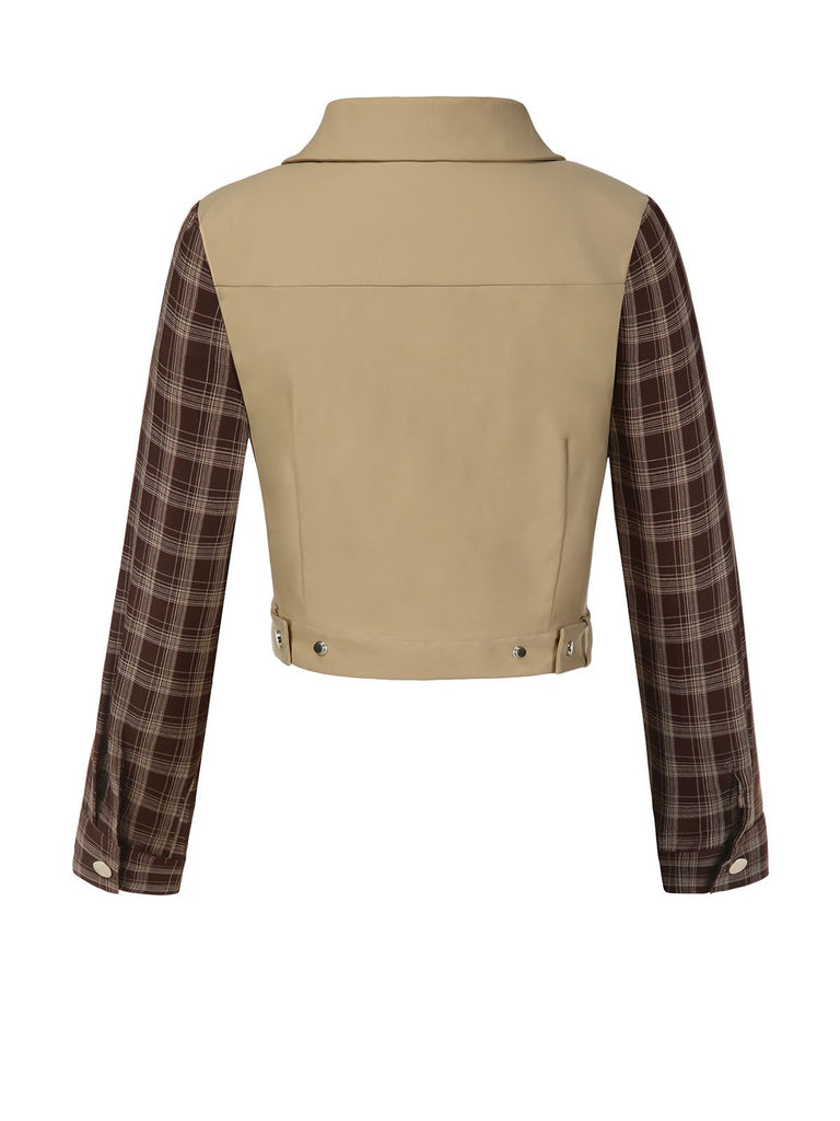 Khaki 1960s Lapel Tartan Plaids Zipper Jacket - vintage fashion, retro style