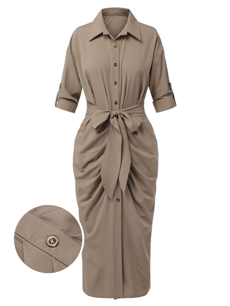 Khaki 1960s Solid Fold Pleated Lapel Dress, vintage dress, retro fashion - perfect for women who love vintage and retro fashion
