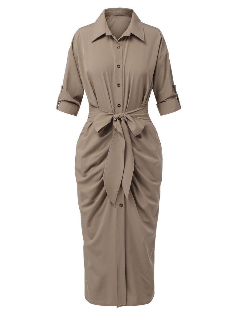 Khaki 1960s Solid Fold Pleated Lapel Dress, vintage dress, retro fashion - perfect for women who love vintage and retro fashion