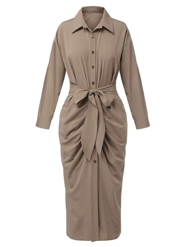 Khaki 1960s Solid Fold Pleated Lapel Dress, vintage dress, retro fashion - perfect for women who love vintage and retro fashion