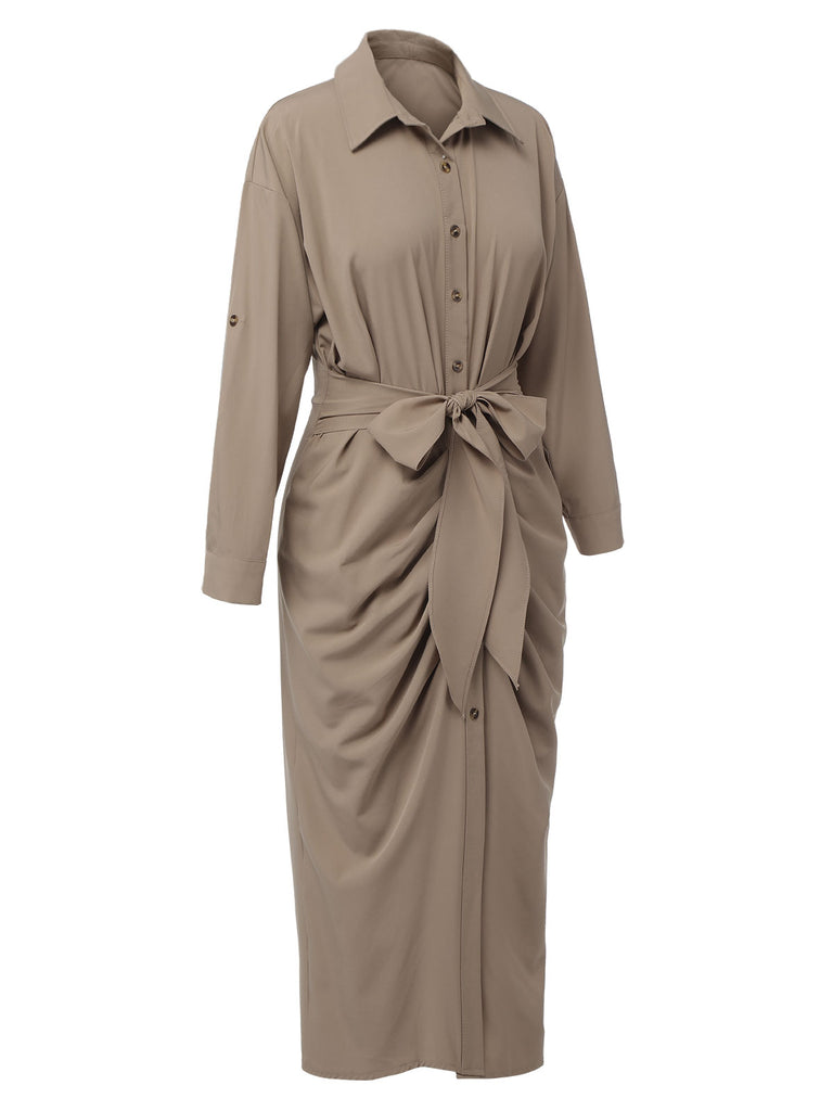 Khaki 1960s Solid Fold Pleated Lapel Dress, vintage dress, retro fashion - perfect for women who love vintage and retro fashion