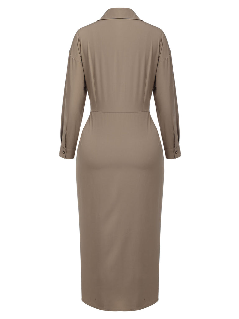 Khaki 1960s Solid Fold Pleated Lapel Dress, vintage dress, retro fashion - perfect for women who love vintage and retro fashion