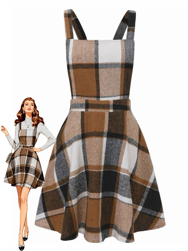 Khaki 1960s Square Neck Plaid Overall Dress - vintage dress, retro fashion