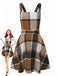 Khaki 1960s Square Neck Plaid Overall Dress - vintage dress, retro fashion