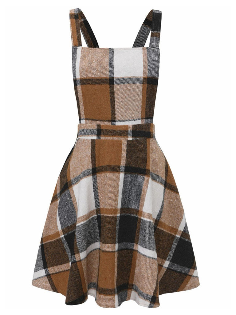 Khaki 1960s Square Neck Plaid Overall Dress - vintage dress, retro fashion