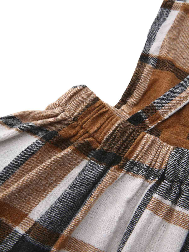 Khaki 1960s Square Neck Plaid Overall Dress Khaki 1960s Square Neck Plaid Overall Dress