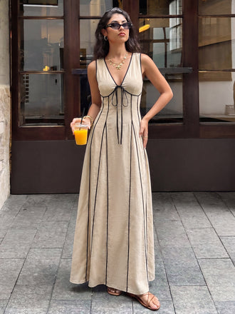 Khaki 1950s V Neck Patchwork Dress