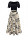 Khaki 1970s Knitted Square Neck Floral Dress - vintage dress, retro fashion