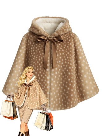 She finds her 1980s story in this Khaki 1980s Deer Style Faux Fur Hooded Lace-Up Shawl