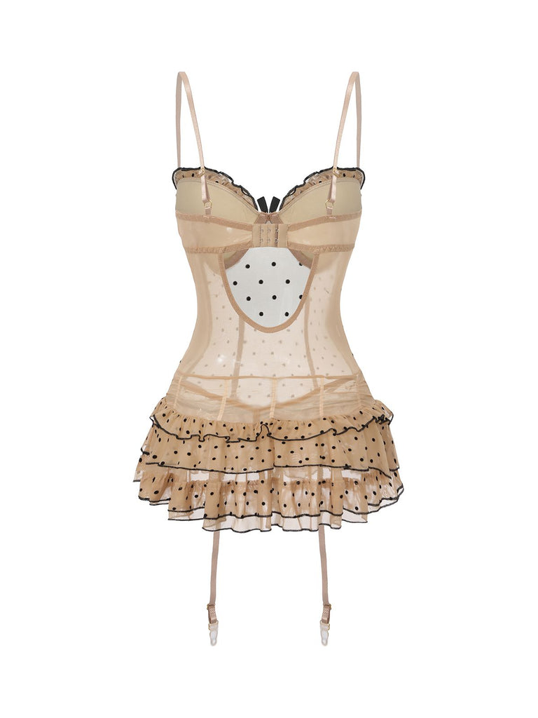Khaki 1980s Polka Dot Tiered Babydoll Nightdress - vintage dress, retro fashion, elegant red