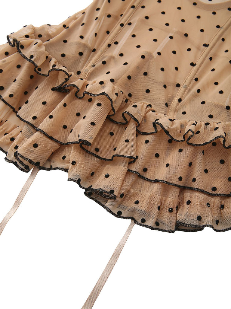 Khaki 1980s Polka Dot Tiered Babydoll Nightdress - vintage dress, retro fashion, elegant red