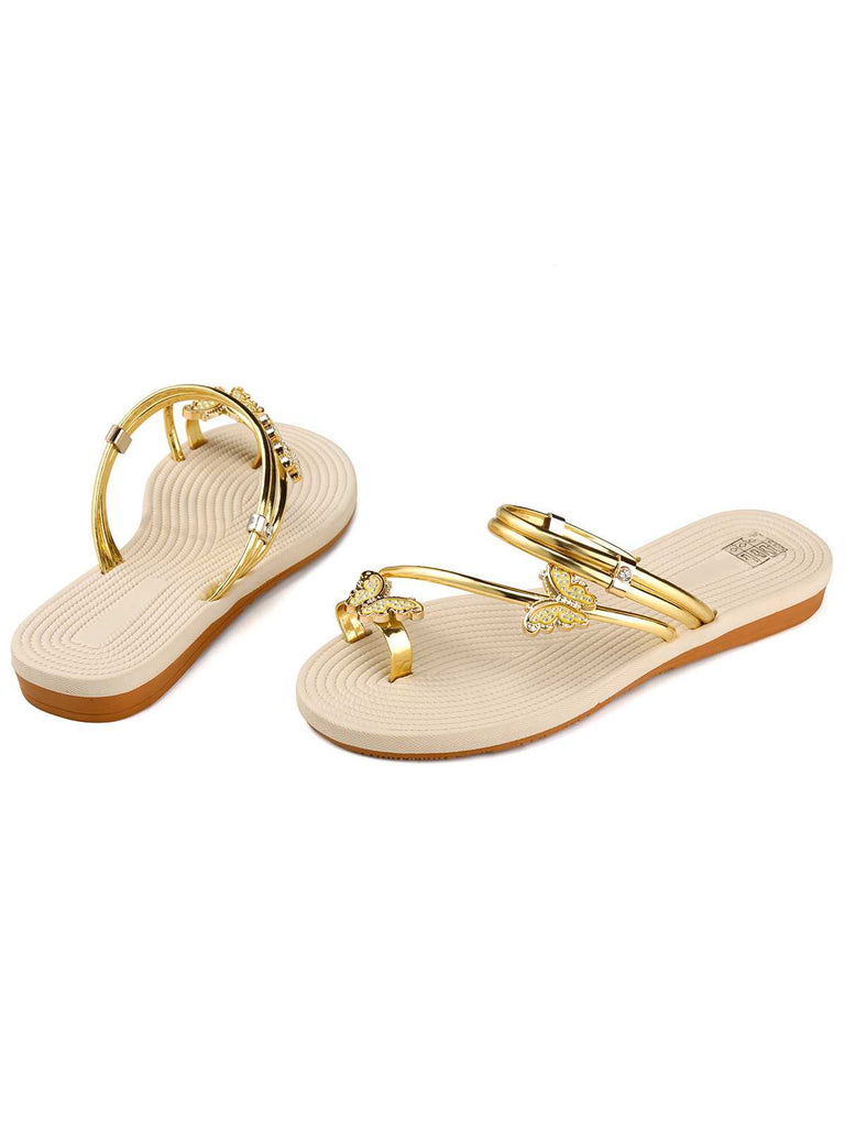 This Khaki Butterfly Beach Flat Sandals carries vintage vacation dreams in every stitch