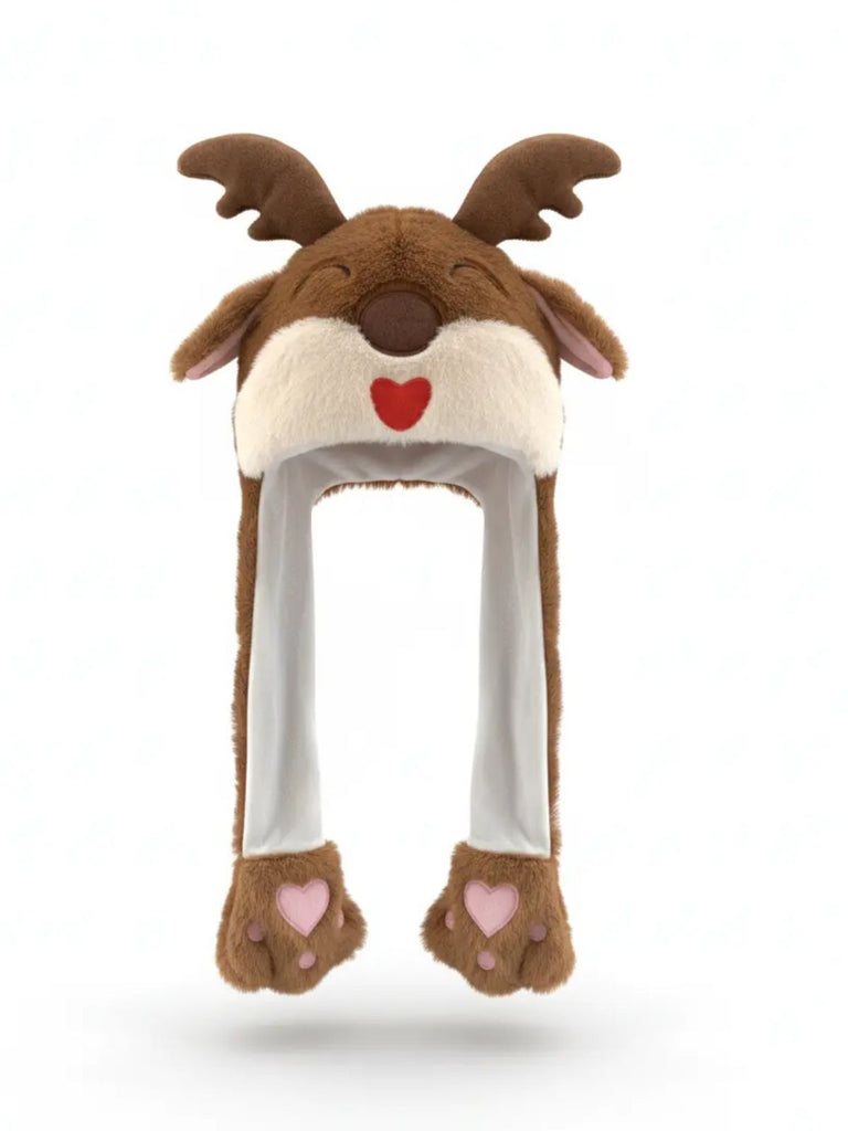 Brown Reindeer Heart-Paw Plush Hat with Moving Ears