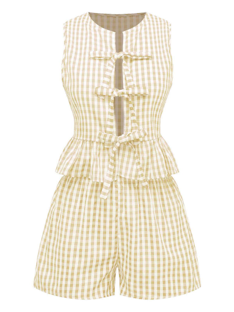 2PCS 1950s Plaid Ruffled Bow Vest & Shorts
