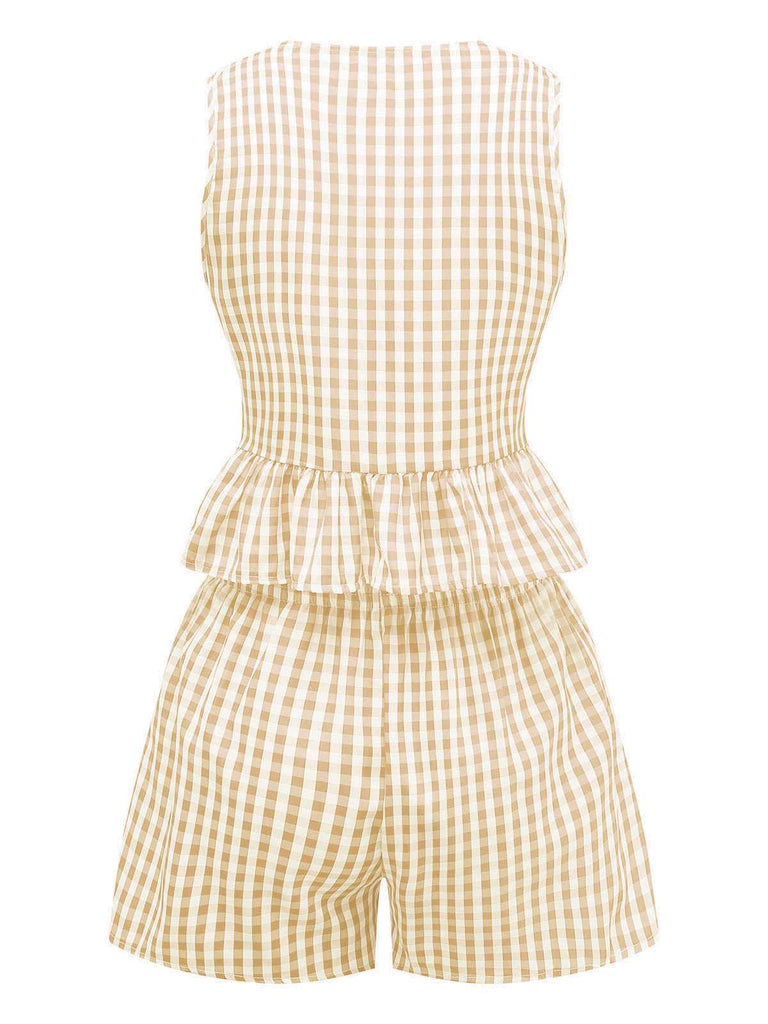 2PCS 1950s Plaid Ruffled Bow Vest & Shorts