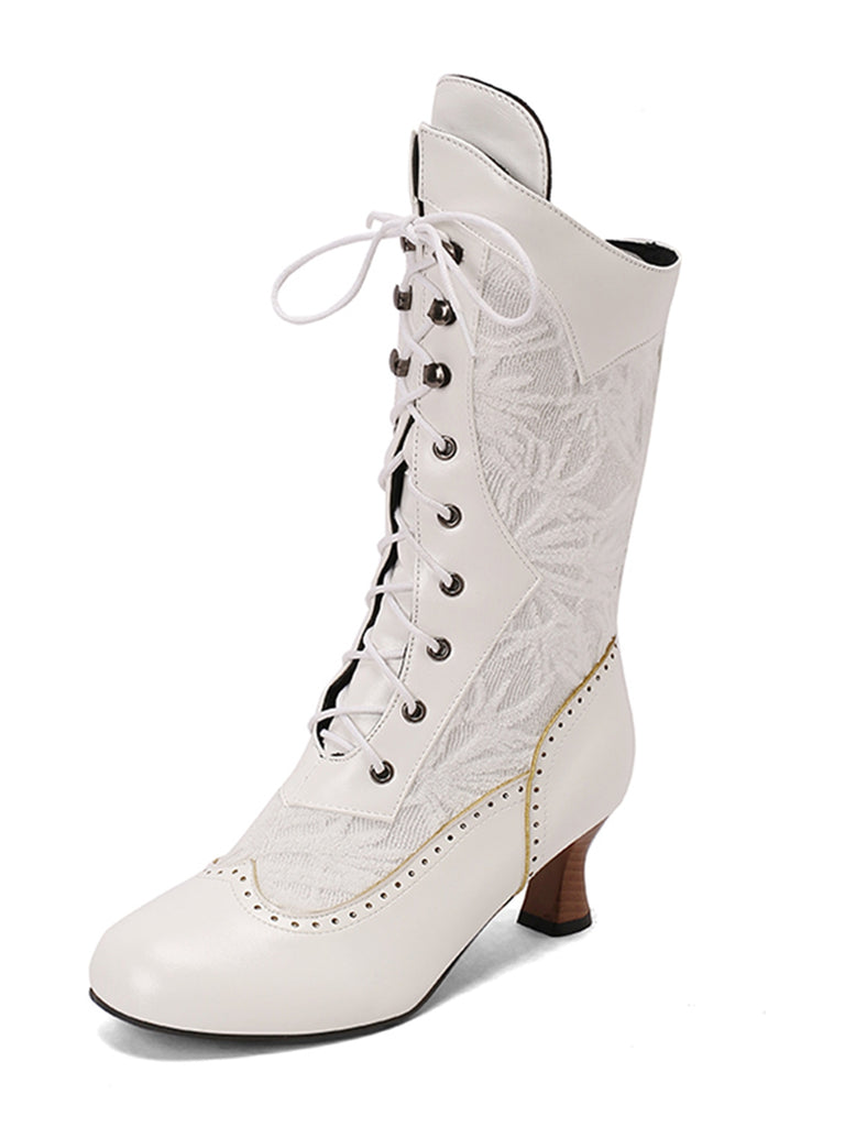 She finds her vintage story in this Lace Patchwork Lace-Up Calf-High Boots