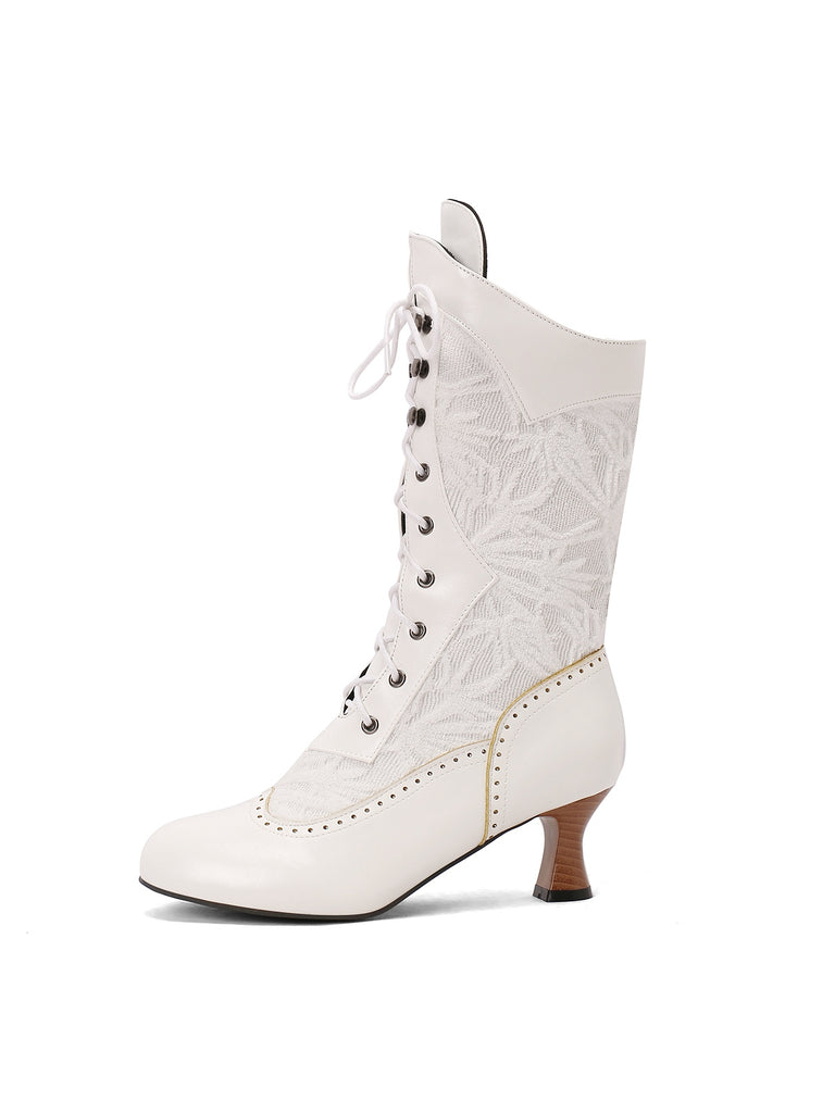 This Lace Patchwork Lace-Up Calf-High Boots whispers vintage secrets to those who notice