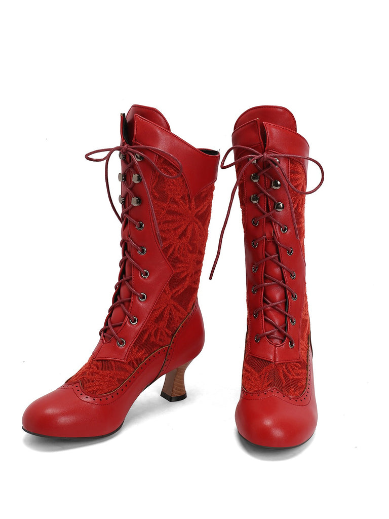 Lace Patchwork Lace-Up Calf-High Boots — vintage style that transcends decades