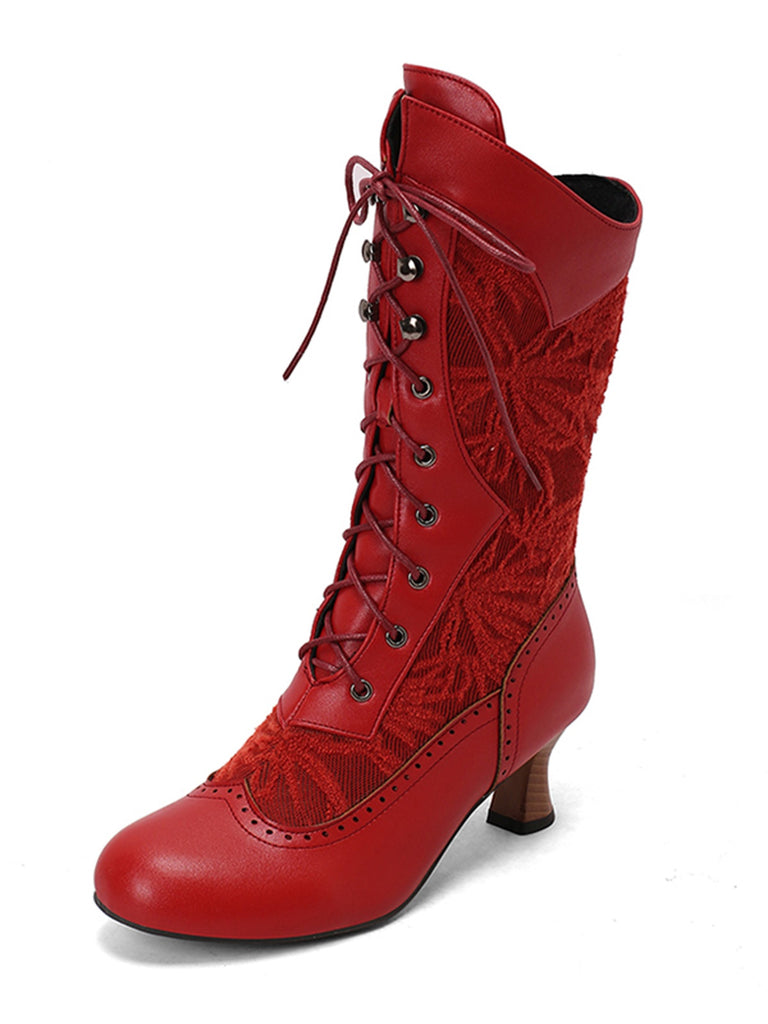 Lace Patchwork Lace-Up Calf-High Boots — vintage vintage charm for her modern wardrobe