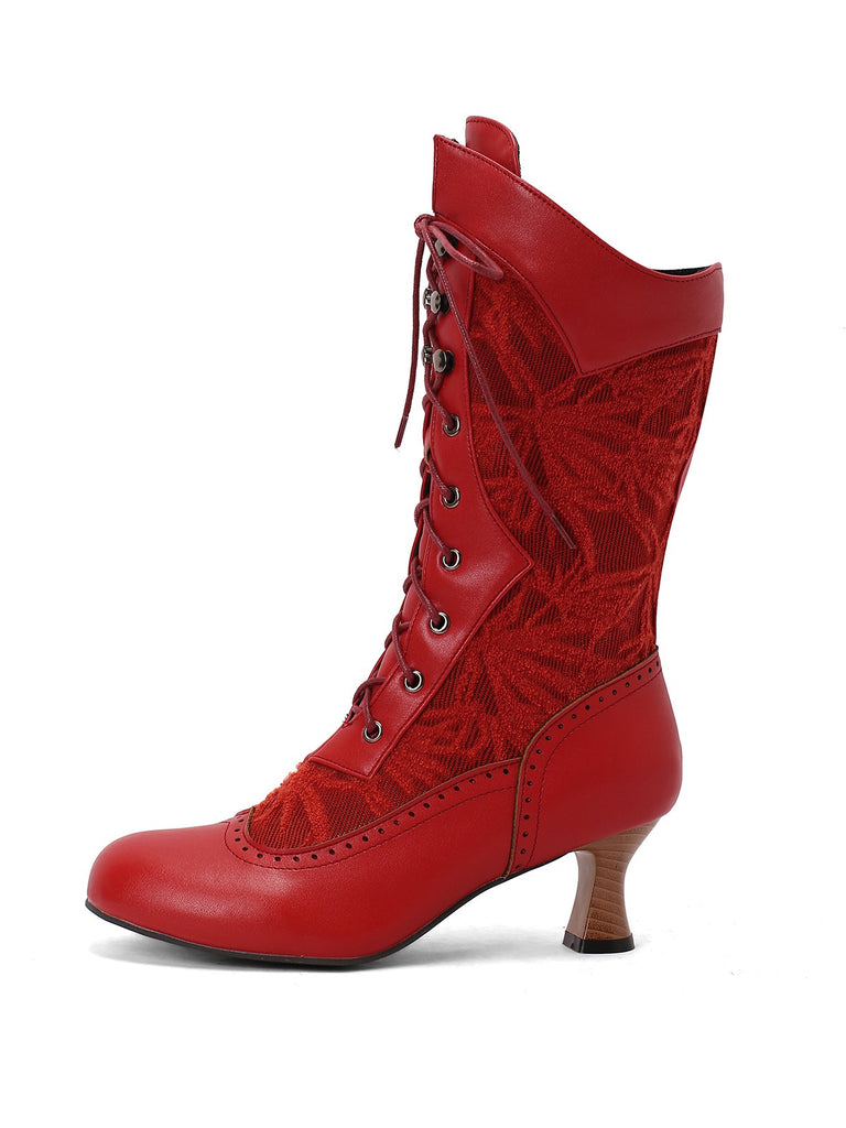 She finds her vintage story in this Lace Patchwork Lace-Up Calf-High Boots