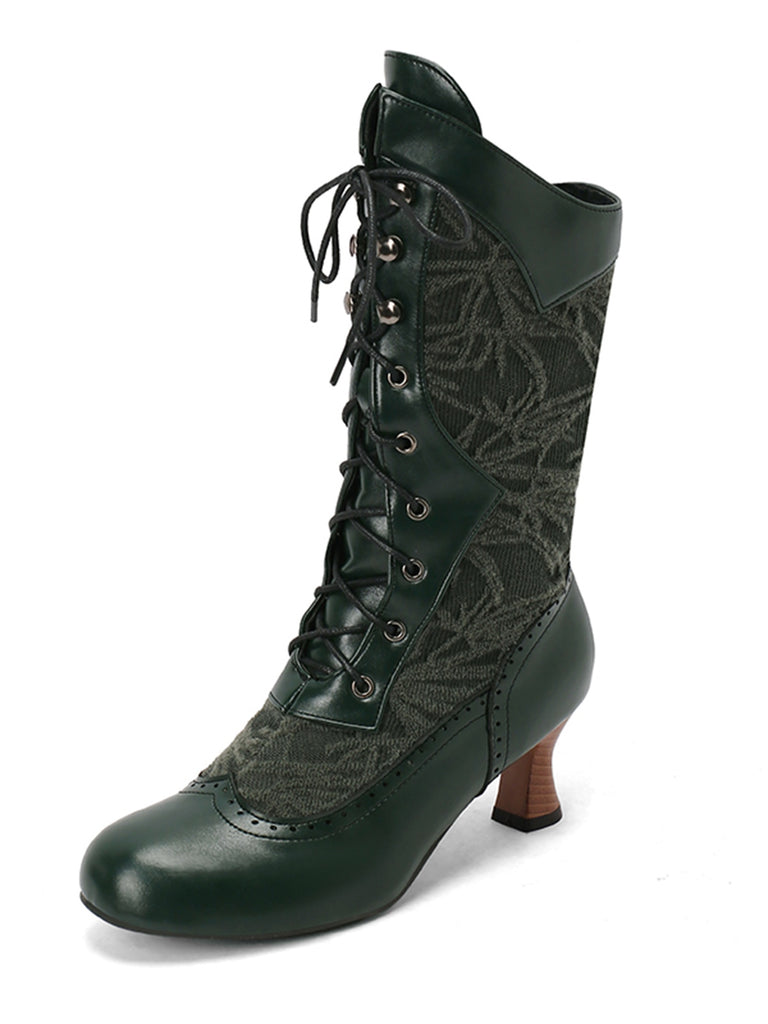 This Lace Patchwork Lace-Up Calf-High Boots whispers vintage secrets to those who notice
