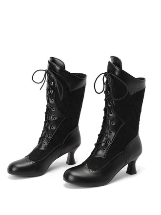 She finds her vintage story in this Lace Patchwork Lace-Up Calf-High Boots
