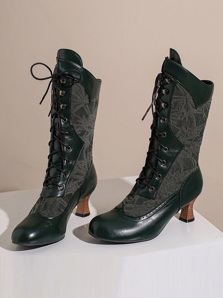 She finds her vintage story in this Lace Patchwork Lace-Up Calf-High Boots