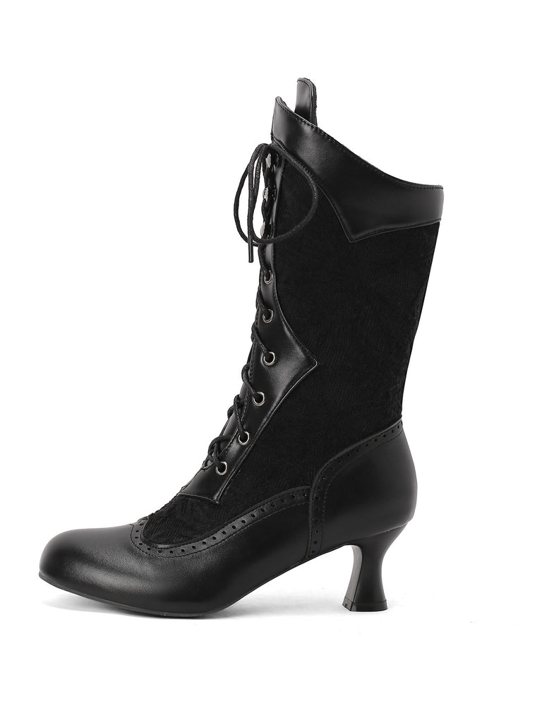 This Lace Patchwork Lace-Up Calf-High Boots whispers vintage secrets to those who notice