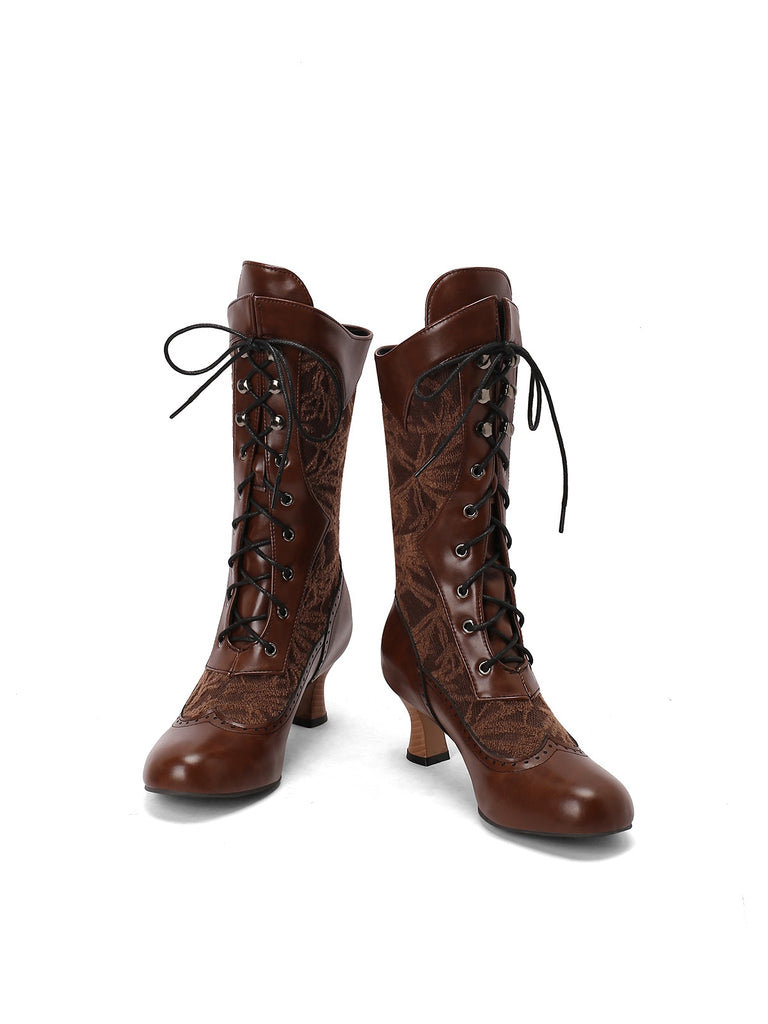 She finds her vintage story in this Lace Patchwork Lace-Up Calf-High Boots