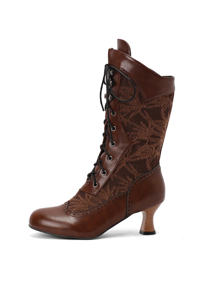 This Lace Patchwork Lace-Up Calf-High Boots whispers vintage secrets to those who notice