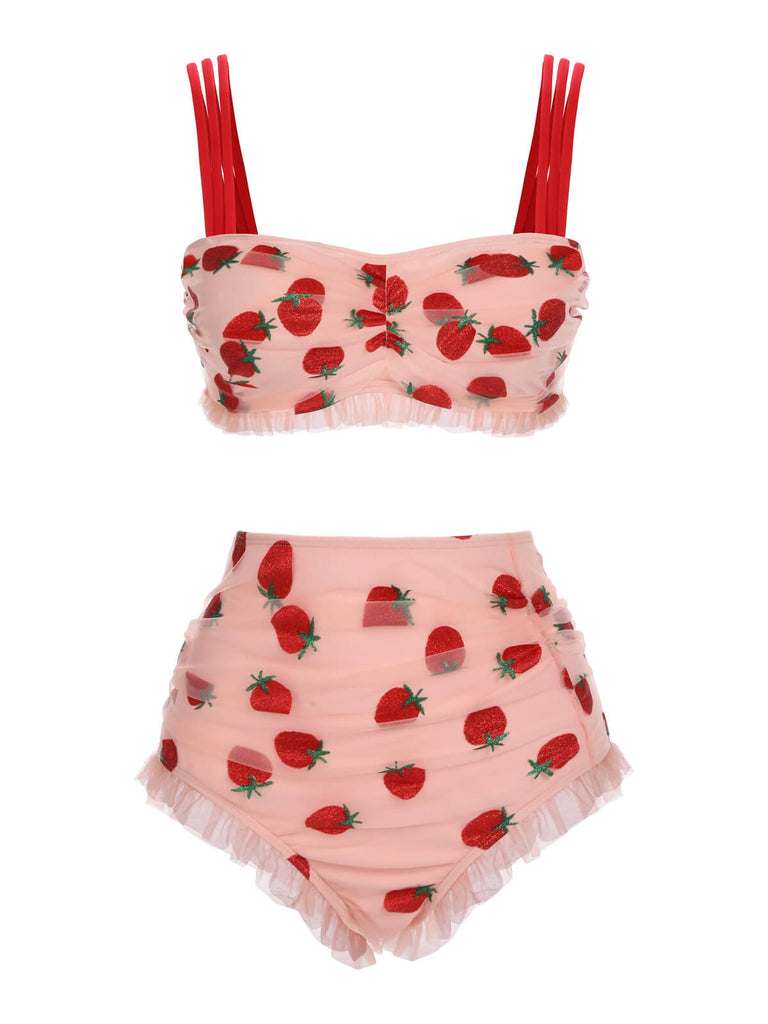 Front: 1950s Lace Strawberry Cami Tankini Set, perfect for vintage themed parties and retro fashion enthusiasts