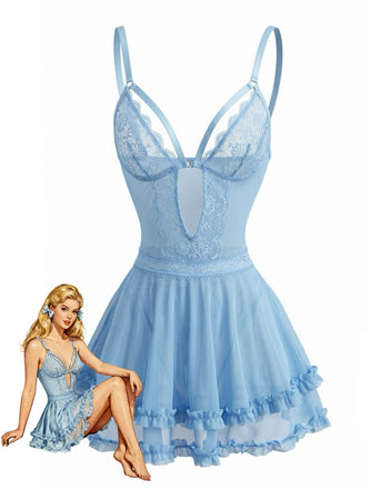 Lake Blue 1980s Floral Spaghetti Strap Lace Nightgown