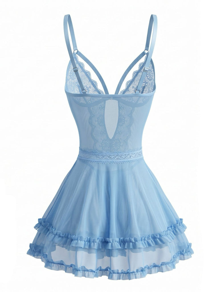Lake Blue 1980s Floral Spaghetti Strap Lace Nightgown 3