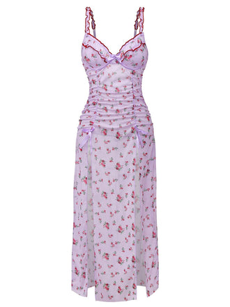 She slips into this Lavender 1930s Ditsy Floral Bow Slip Nightdress and suddenly it's a 1930s daydream