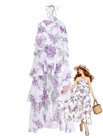 Lavender-1930s-Floral-Halter-Tiered-Ruffled-Dress, vintage, retro, dress