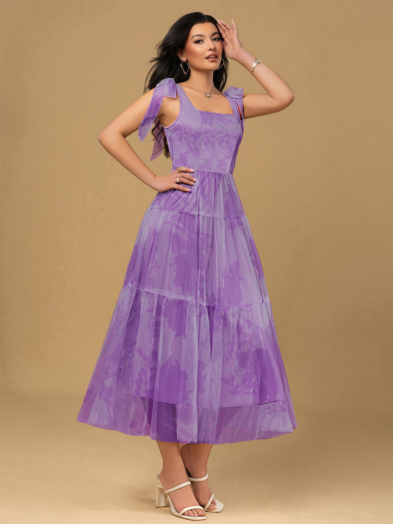 Lavender 1930s Floral Lace-Up Mesh Dress - vintage dress, retro fashion
