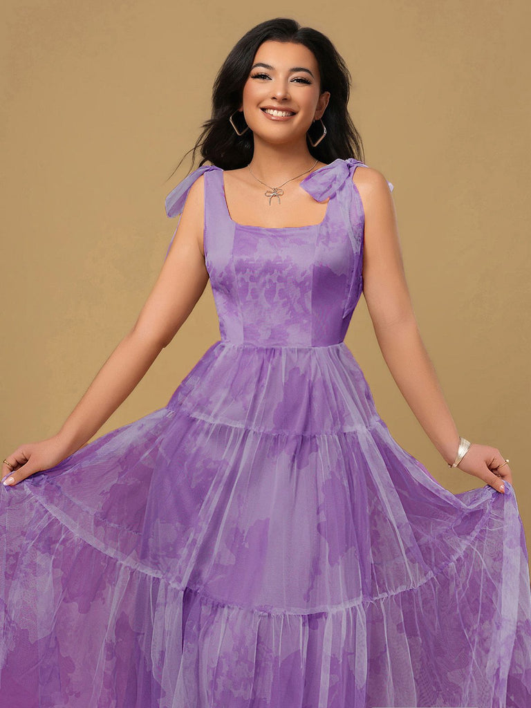 Lavender 1930s Floral Lace-Up Mesh Dress - vintage dress, retro fashion